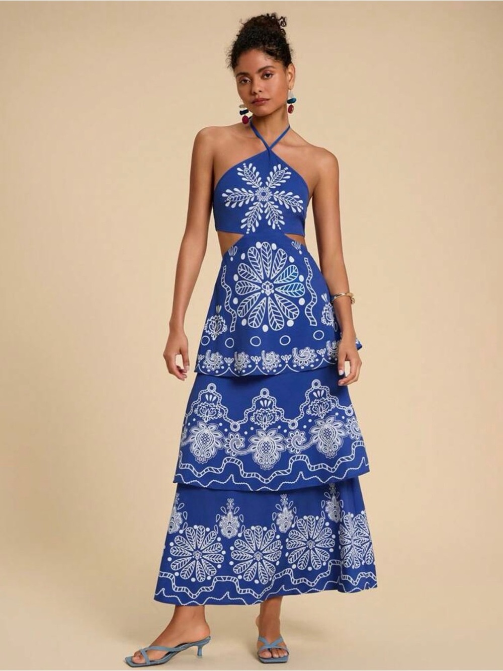 Blue Printed Halter Tiered Maxi Dress